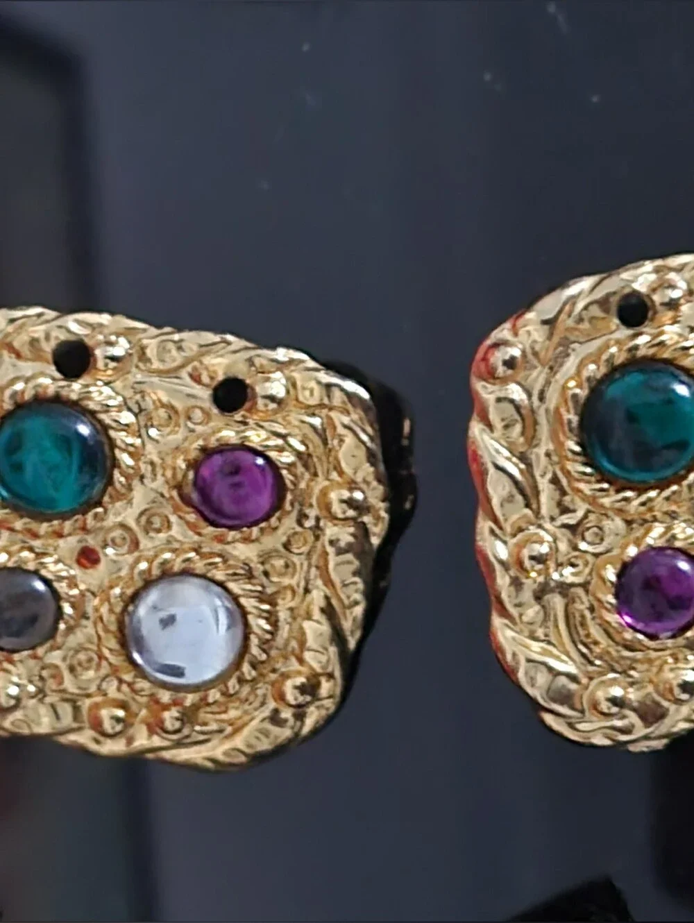 Vtg Gold-Tone Square Clip-On Statement 80s Earnings Green, Purple, Blue Accents